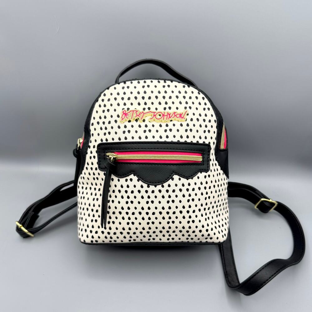 Betsy Johnson Luv Betsy Black And White Mini Backpack Polka Dots Pink Gold EUC